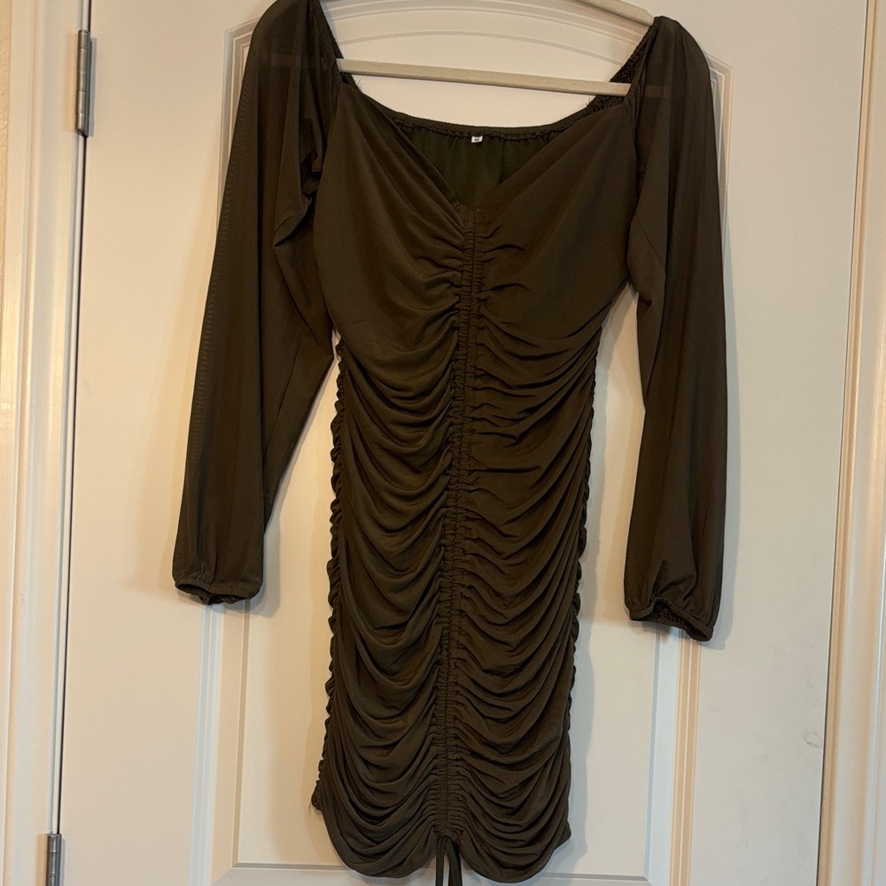 Oh Polly Olive Long Sleeve Ruched Dress